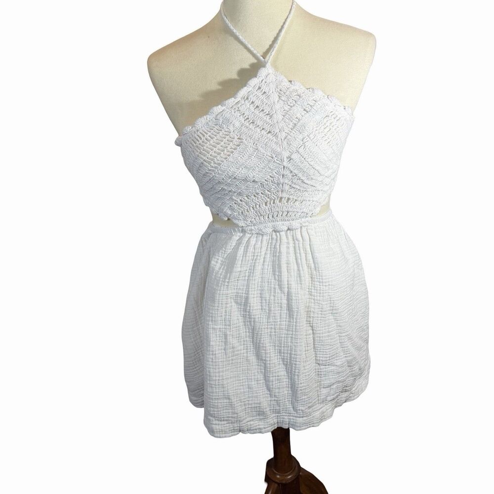 Aerie Dress Womens XS White Pool To Party Boho Crochet Halter Mini Festival Chic